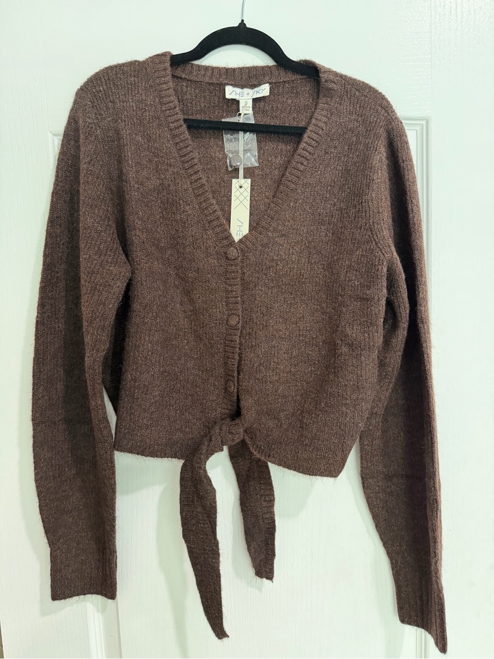 She + Sky Brown Tie-Front V-Neck Cardigan